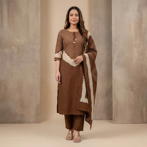 Brown_Cotton_Geometric_Print_Straight_Kurta_Set_With_Dupatta_For_Women