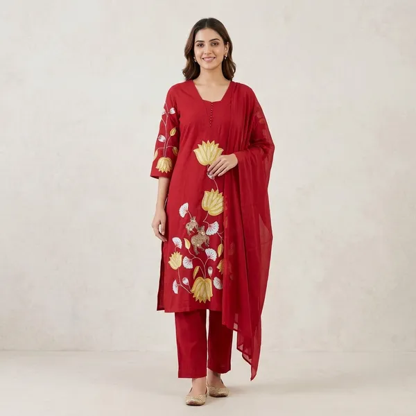 Red_Cotton_Floral_Embroidered_Kurta_Set_With_Dupatta_For_Women
