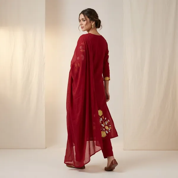 Red_Cotton_Floral_Embroidered_Kurta_Set_With_Dupatta_For_Women
