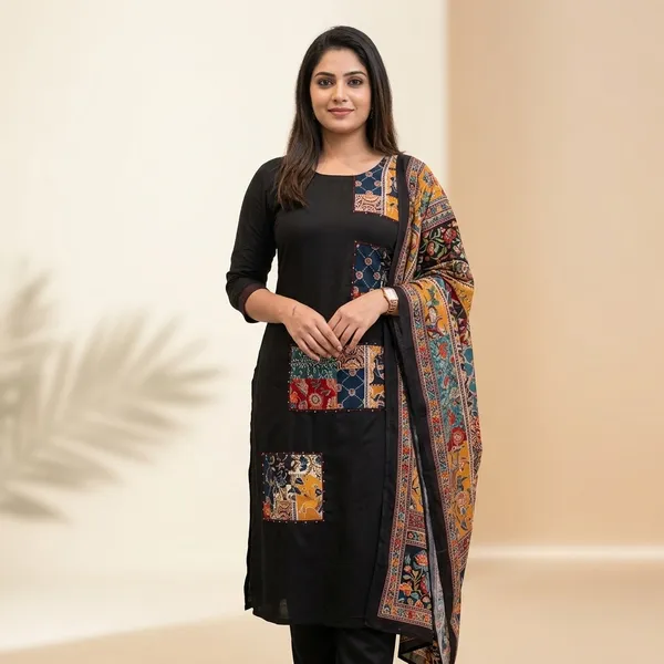 Black_cotton_Straight_Kurta_Set_With_Printed_Dupatta_For_Women