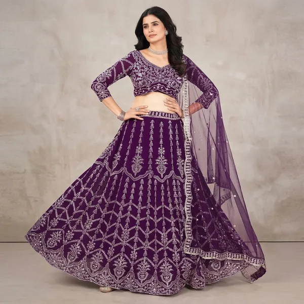 Purple_Premium_Georgette_Unstitched_Lehenga_And_Crop_Top_For_Women