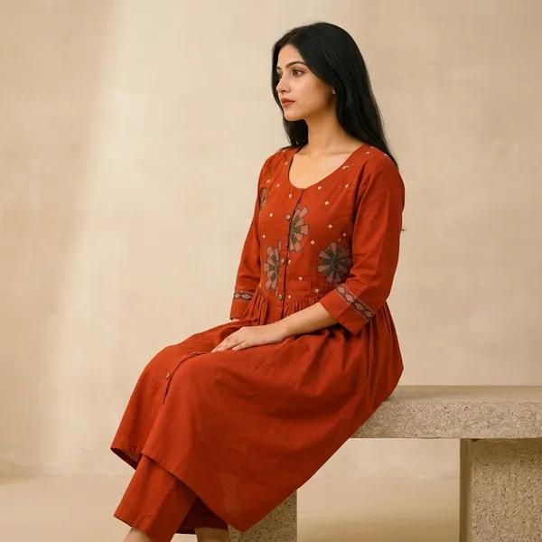 Rust_Orange_Premium_Cotton_Kurta_And_Pant_Set_For_Women