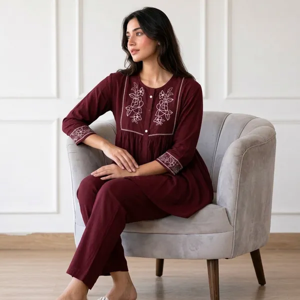 Maroon_Premium_Cotton_Night_Suit_Set_For_Women