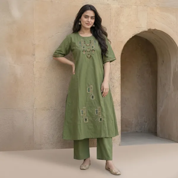 Green_Premium_Cotton_A-Line_Kurta_With_Pants_For_Women