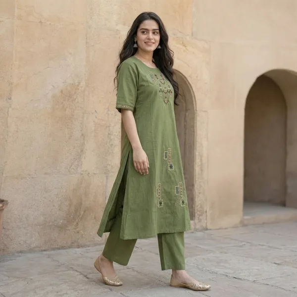 Green_Premium_Cotton_A-Line_Kurta_With_Pants_For_Women