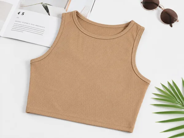 Zenavro_Women's_Chikku_Ribbed_Crop_Tank_Top_|_Sleeveless_Round_Neck_Stretch_Crop_Top_|_Casual_Solid_Fitted_Summer_Top_for_Women_&_Girls