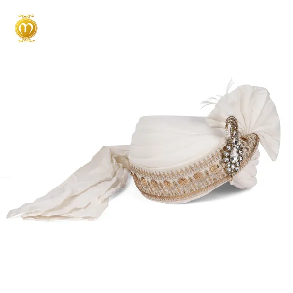 Safa_White_Art_Silk_Embellished_Wedding_Turban_With_Jewel_Brooch_For_Men