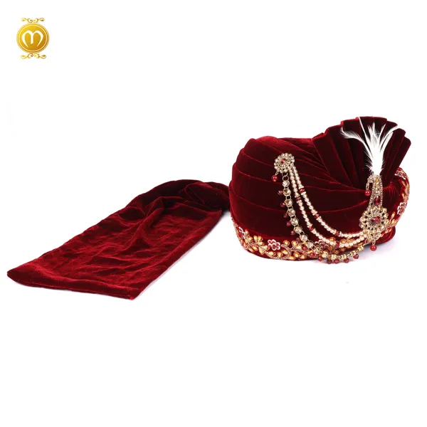 Maroon_Velvet_Pagdi__Embellished_Wedding_Turban_With_Feather_Kalgi_For_Men