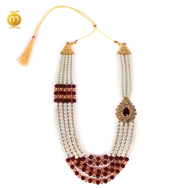 Maharaja_Mala_White_Maroon_Pearl_Alloy_Multi_Strand_Kundan_Necklace_For_Men