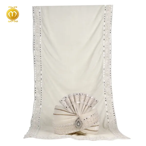 Cream_White_Velvet_Embellished_Wedding_Turban_For_Men