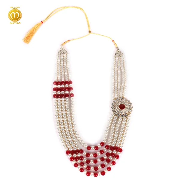 Mala__White_Pearl_Alloy_Multi_Strand_Necklace_With_Kundan_Brooch_For_Men