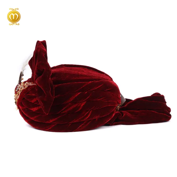 Pagdi_Maroon_Velvet_Embellished_Wedding_Turban_With_Kalgi_For_Men