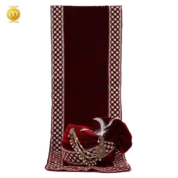 Maroon_Velvet_Pagdi_Dupatta__Embellished_Wedding_Turban_With_Stole_Set_For_Men