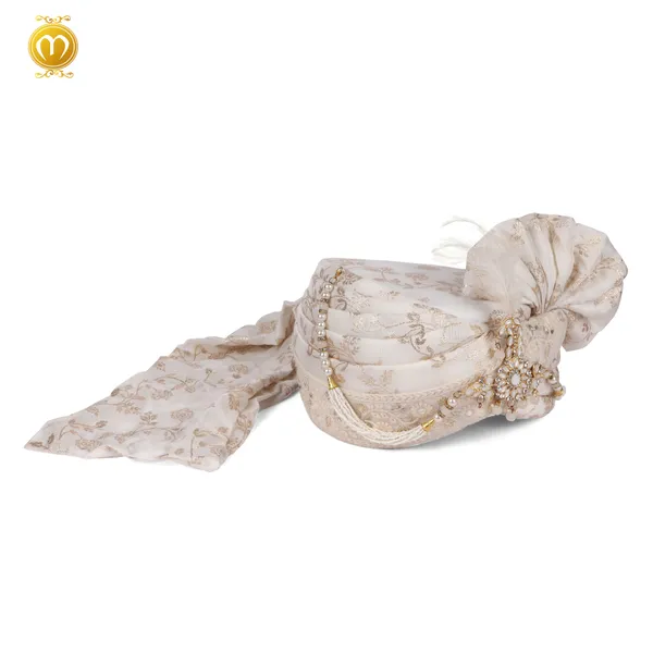 Pagdi_Cream_Chanderi_Silk_Embellished_Wedding_Turban_With_Pearl_Gold_Detailing_For_Men
