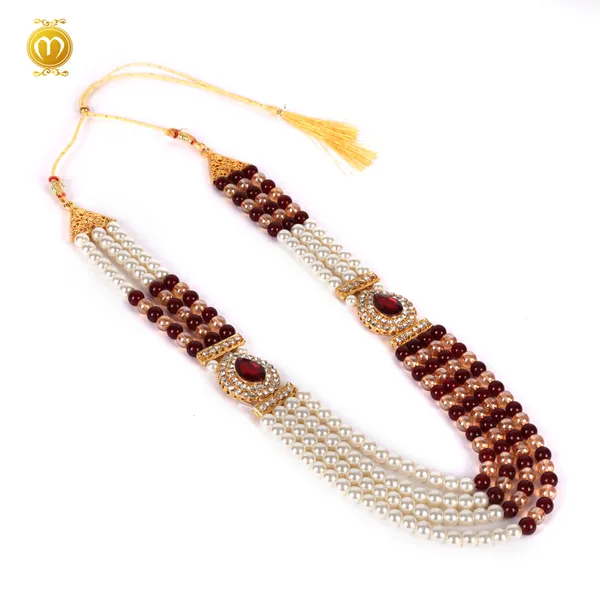 Maroon_White_Pearl_Beaded_Wedding_Necklace_With_Ruby_Pendant_For_Men_Mala