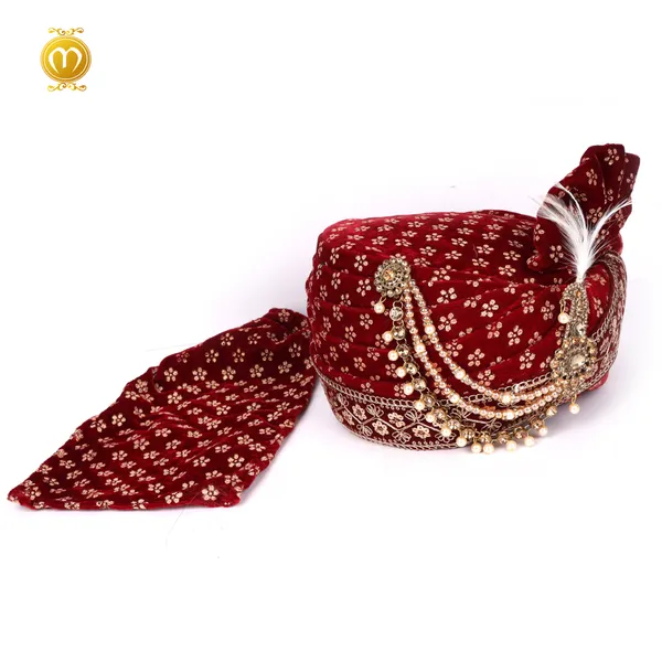 Maroon_Velvet_Floral_Print_Wedding_Turban_For_Men