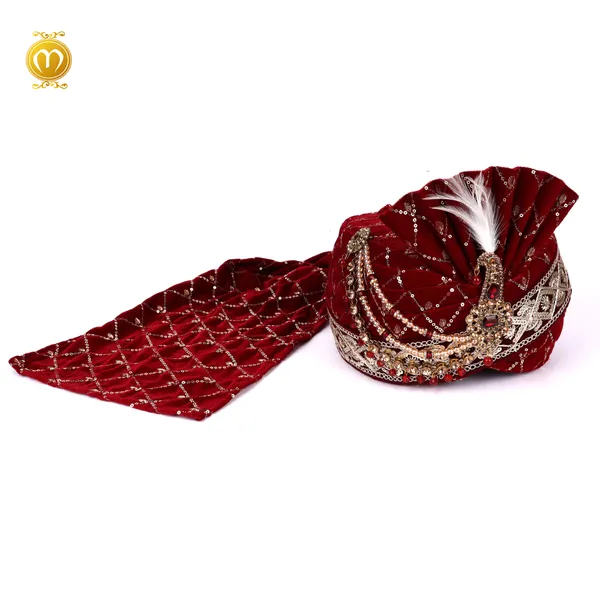 Pagdi_Maroon_Velvet_Golden_Embroidery_Kalgi_Wedding_Turban_For_Men