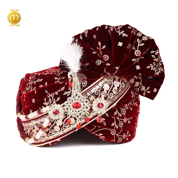 Maroon_Velvet_Print_Embroidered_Groom_Wedding_Turban_With_Crown_Feather_For_Men