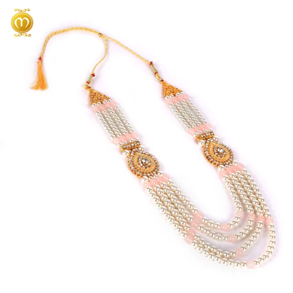Pink_White_Mala_Cristal_Moti_Pearl_Alloy_Multi_Strand_Medallion_Necklace_For_Men