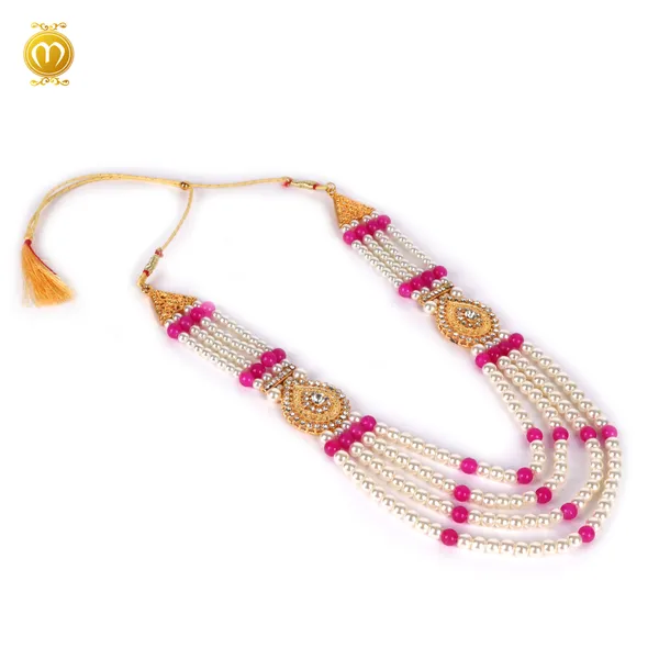 Off_White_Pink_Pearl_Alloy_Multi_Strand_Necklace_With_Gold_Pendant_For_Men_Mala