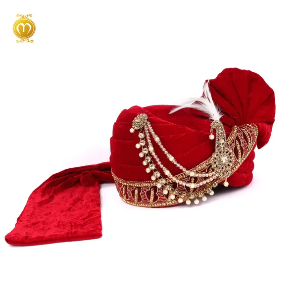 Red_Velvet_Zari_Embroidery_Lice_Pearl__Wedding_Turban_For_Men