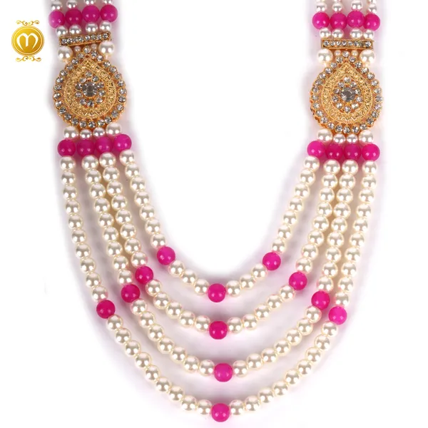 Off_White_Pink_Pearl_Alloy_Multi_Strand_Necklace_With_Gold_Pendant_For_Men_Mala
