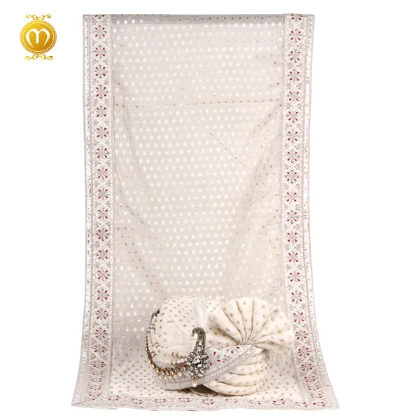 Cream_Art_Silk_Pearl_Stone_Embellished_Wedding_Turban_For_Men_Pagdi_Dupatta