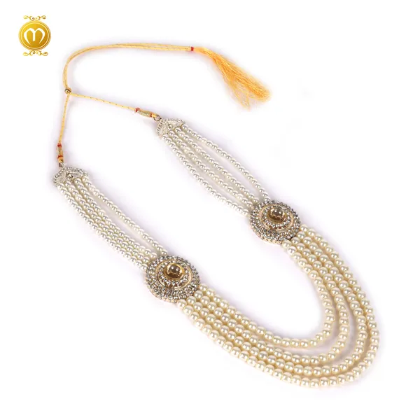 Cream_Pearl_Alloy_Multi_Strand_Golden_Brooch_Necklace_For_Men