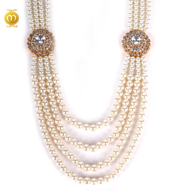White_Maharaja_Mala_Pearl_Alloy_Multi_Strand_Golden_Floral_Brooch_Necklace_For_Men