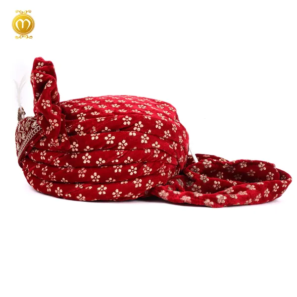 Maroon_Velvet_Floral_Print_Wedding_Turban_For_Men