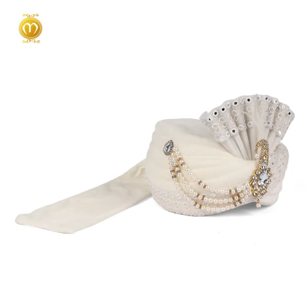 Cream_Velvet_Embellished_Wedding_Turban_For_Men