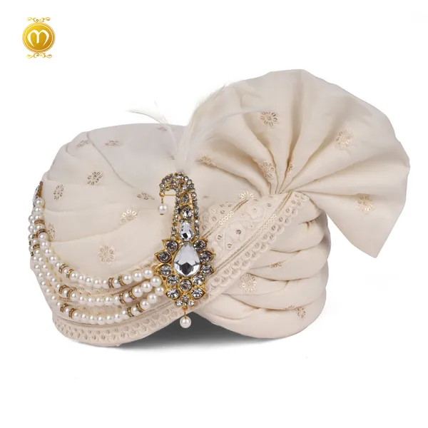 Pagdi_Jodhipur_Cream_Embellished_Wedding_Turban_With_Pearl_Crystal_Brooch_For_Men
