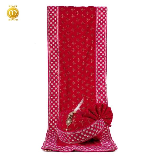 Rani_Pink_Velvet_Print_Embroidered_Wedding_Turban_Safa_With_Kalgi_For_Men_Pagdi_Dupatta