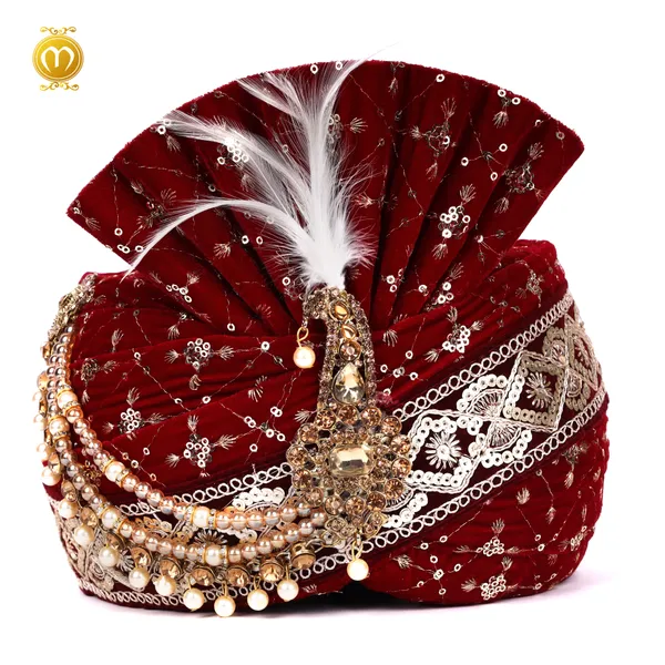 Pagdi_Maroon_Velvet_Embroidery_Wedding_Turban_With_Kalgi_For_Men