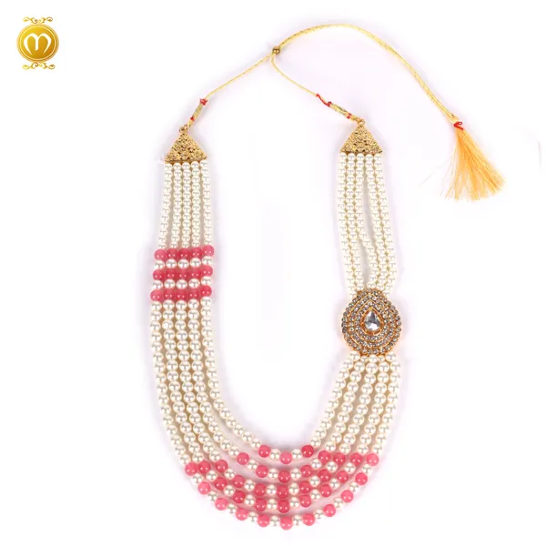 Pink_Off_White_Pearl_Alloy_Multi_Strand_Necklace_With_Kundan_Pendant_For_Men