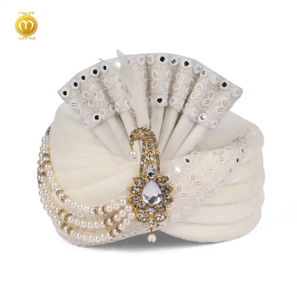 Cream_Velvet_Embellished_Wedding_Turban_For_Men