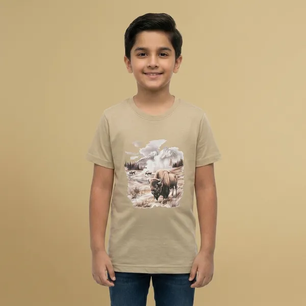 Beige_100%_Cotton_Bison_Wilderness_Graphic_Dtf__Print_T_Shirt_For_Boys