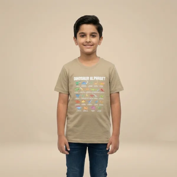 Beige_100%_Cotton_Graphic_Dtf_Print_Dinosaur_Alphabet_T_Shirt_For_Boys