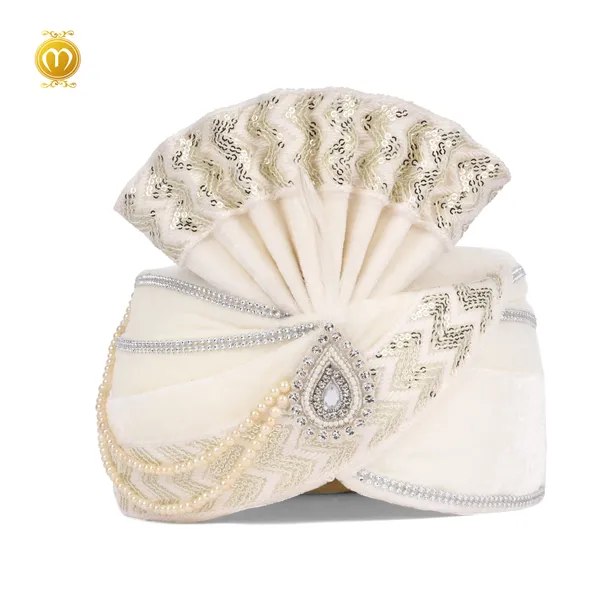 Pagdi_Cream_White_Velvet_Silver_Pearl__Wedding_Turban_For_Men