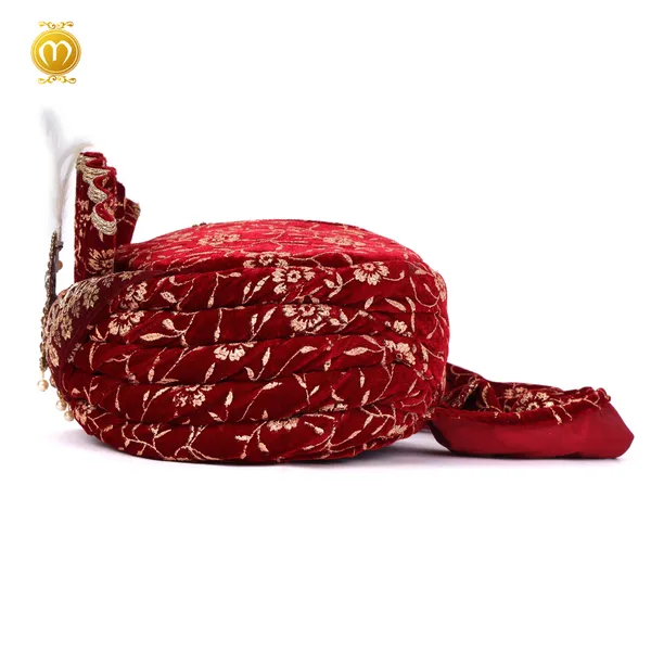 Pagdi_Maroon_Velvet_Print_Floral_Embroidered_Wedding_Turban_For_Men
