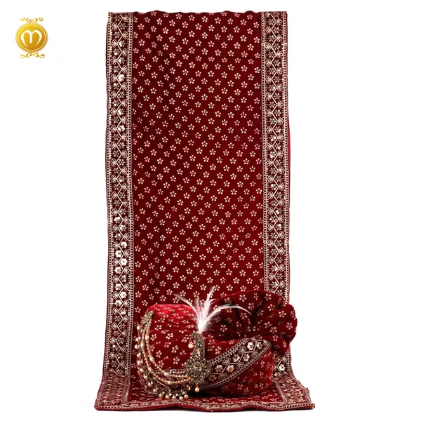 Maroon_Velvet_Floral_Print_Wedding_Turban_For_Men