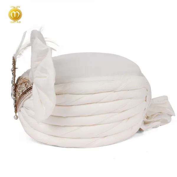 Safa_White_Art_Silk_Embellished_Wedding_Turban_With_Jewel_Brooch_For_Men