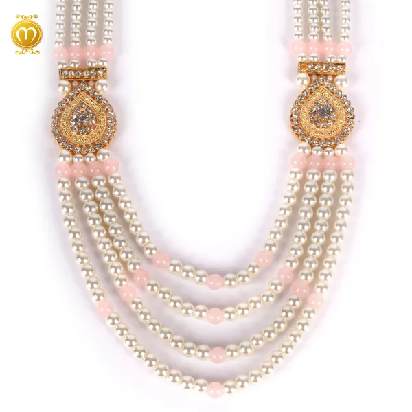 Pink_White_Mala_Cristal_Moti_Pearl_Alloy_Multi_Strand_Medallion_Necklace_For_Men
