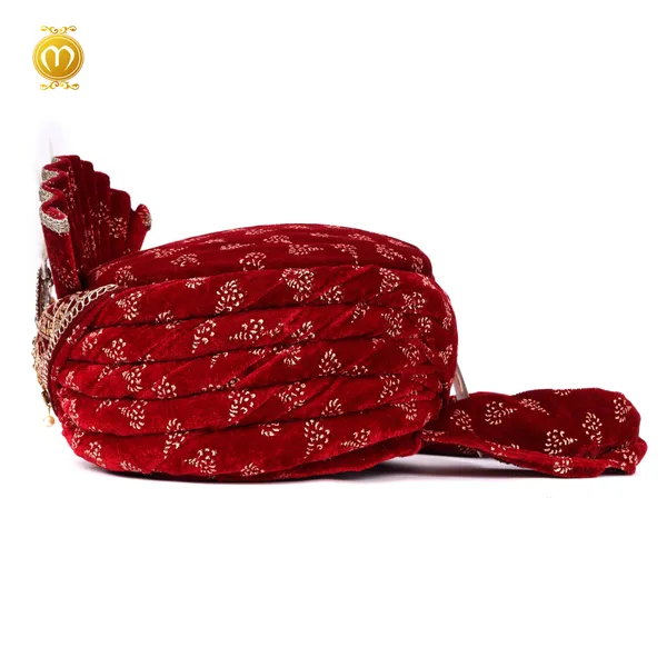 Pagdi_Maroon_Velvet_Floral_Print_Wedding_Turban_With_Embellished_Kalgi_For_Men