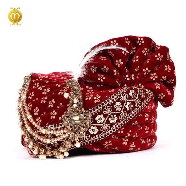 Maroon_Velvet_Floral_Embellished_Wedding_Turban_Safa_For_Men