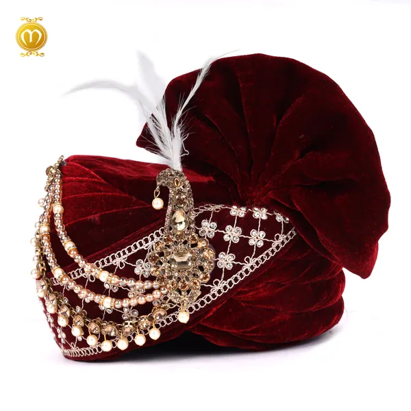 Maroon_Velvet_Embellished_Wedding_Turban_For_Men