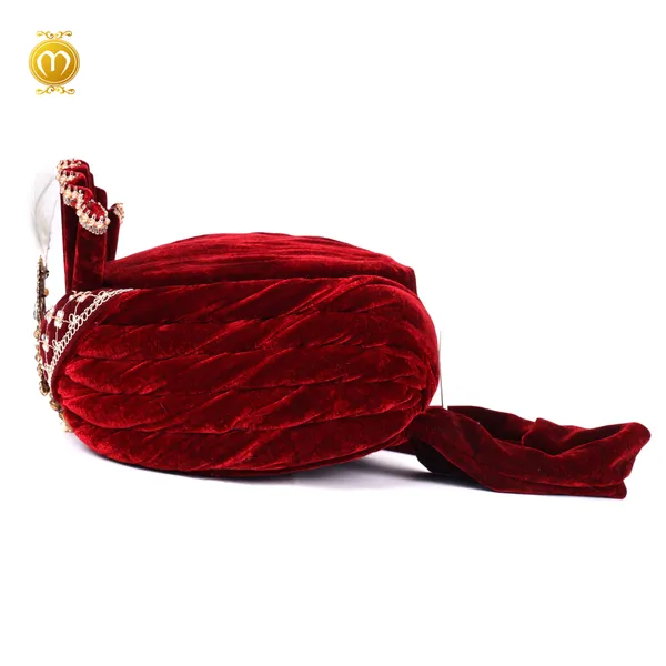Maroon_Velvet_Embellished_Feather_Brooch_Wedding_Turban_For_Men
