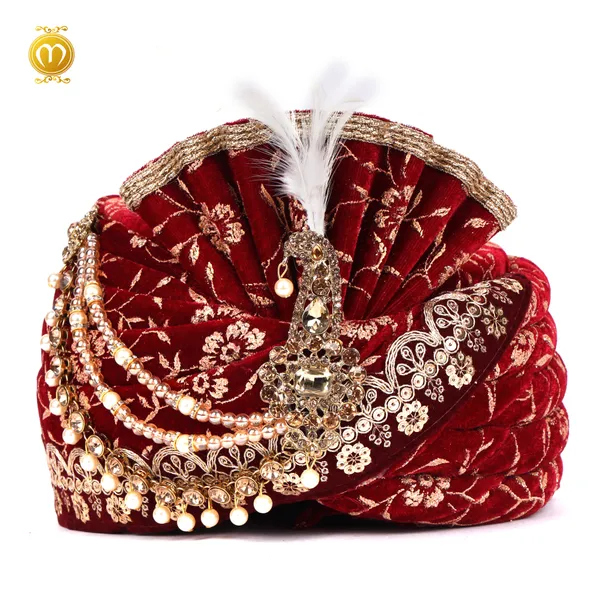 Pagdi_Maroon_Velvet_Print_Floral_Embroidered_Wedding_Turban_For_Men