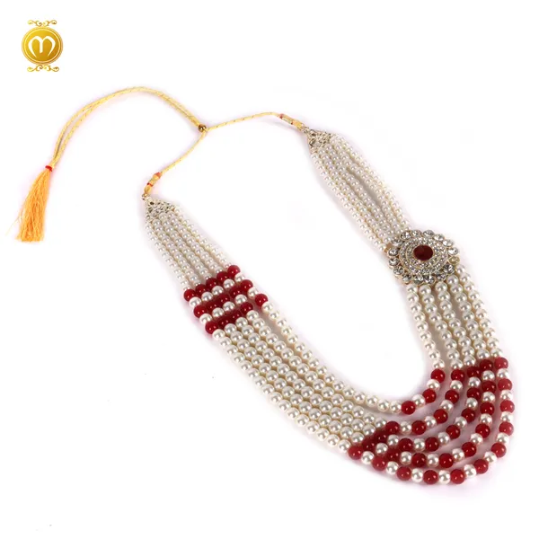 Mala__White_Pearl_Alloy_Multi_Strand_Necklace_With_Kundan_Brooch_For_Men