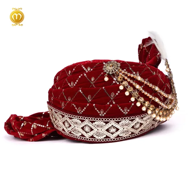 Maroon_Velvet_Embellished_Wedding_Turban_For_Men